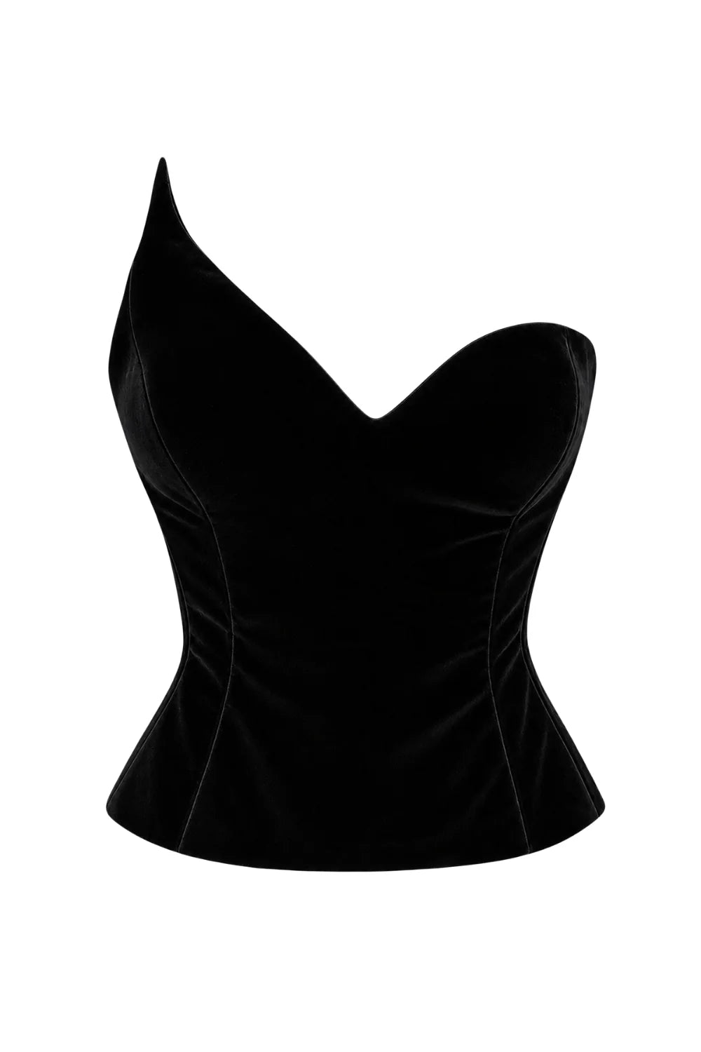 Ambitna black velvet corset with an angled neckline, front view. Coming soon at MIXMVSE London concept store.