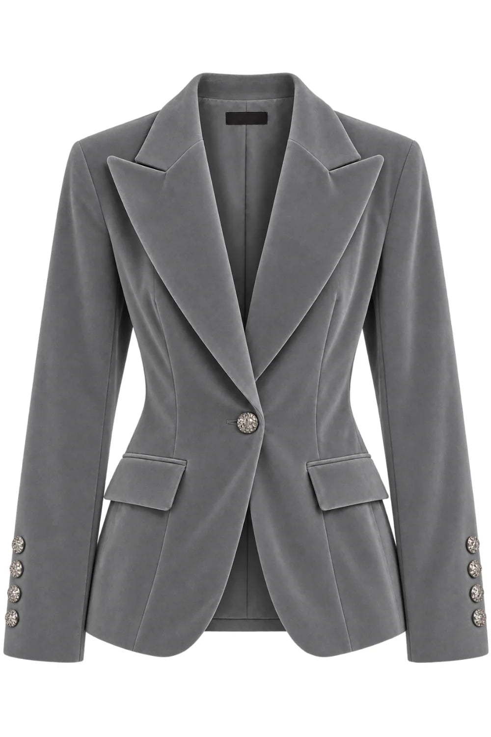 Ambitna velvet blazer in grey wool, detail of the flap pockets and buttoned front. Independent Ukrainian designer at MIXMVSE London.