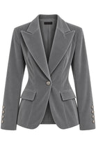 Ambitna velvet blazer in grey wool, detail of the flap pockets and buttoned front. Independent Ukrainian designer at MIXMVSE London.