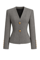 Ambitna grey tweed jacket, detail of the wool, hemp and angora weave. Independent Ukrainian designer at MIXMVSE London.