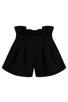 Ambitna black wool and silk mini shorts, back view. Independent Ukrainian designer at MIXMVSE London.