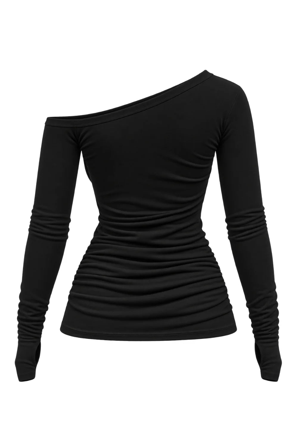 Ambitna black one-shoulder top, styled full look. Independent Ukrainian designer at MIXMVSE London.