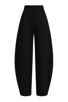 Ambitna black barrel-leg trousers, styled full look. Independent Ukrainian designer at MIXMVSE London.