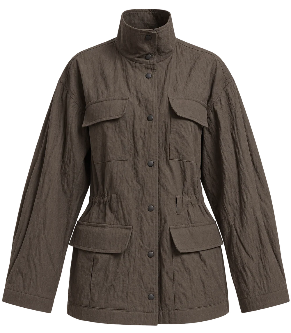 Ambitna crinkled khaki jacket, detail of the four front flap pockets. Independent Ukrainian designer at MIXMVSE London.