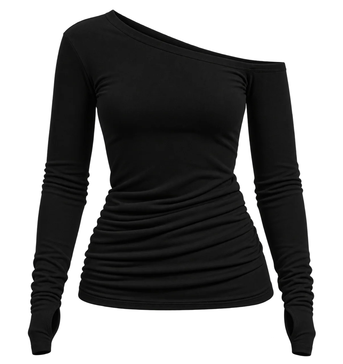 Ambitna black one-shoulder top, detail of the asymmetric shoulder line. Independent Ukrainian designer at MIXMVSE London.