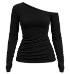 Ambitna black one-shoulder top, detail of the asymmetric shoulder line. Independent Ukrainian designer at MIXMVSE London.