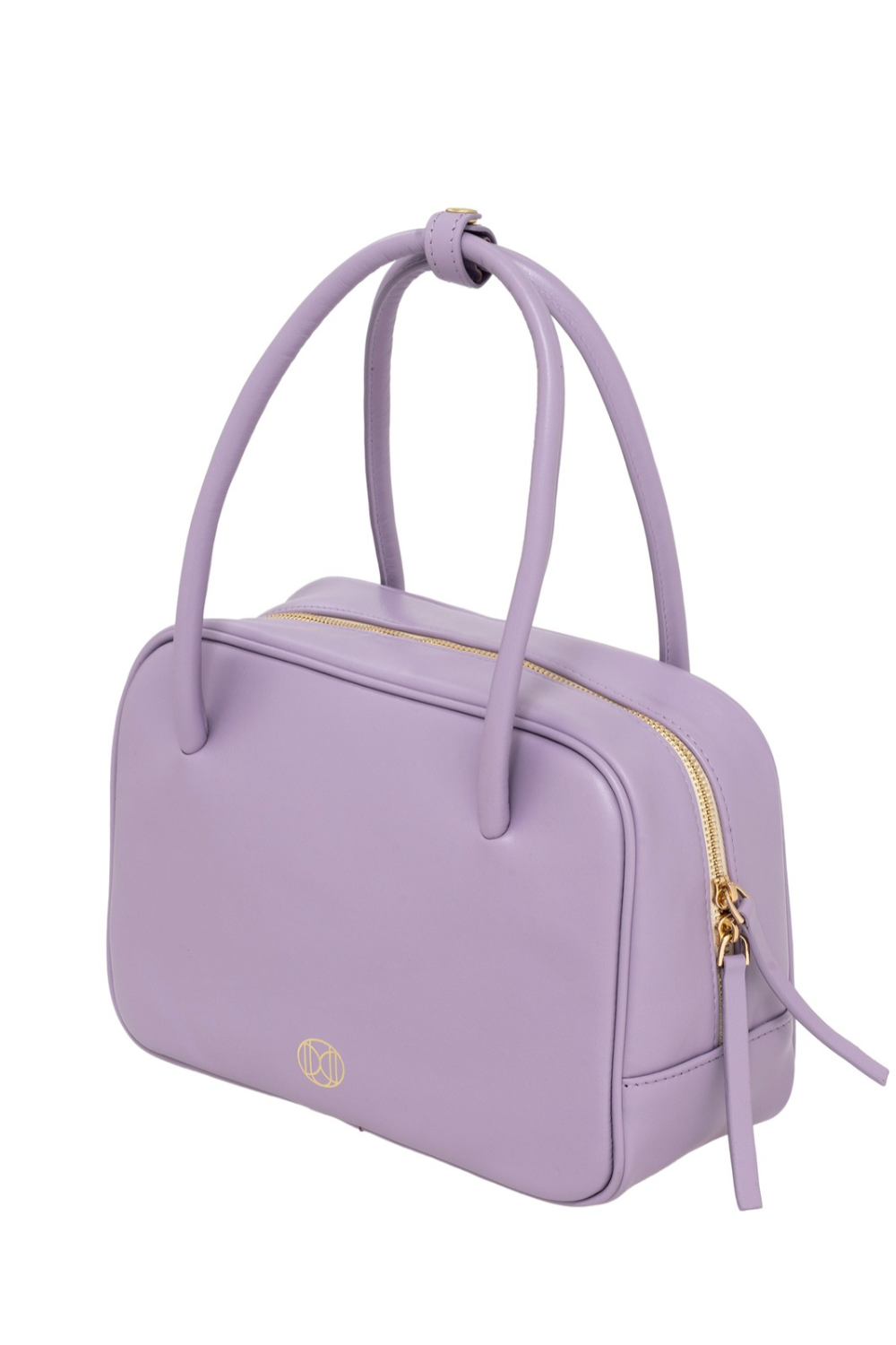 Du'Mo Poise Small Bag in smooth lilac calf leather. Three-quarter view showing the gold two-way zip. Independent Ukrainian designer at MIXMVSE London.