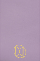 Du'Mo Poise Small Bag close-up of the gold Du'Mo monogram on lilac calf leather. Independent Ukrainian designer at MIXMVSE London.