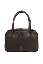 Du'Mo Poise Small Bag in brown calf leather. Front view of the top-handle bag with gold monogram. Independent Ukrainian designer at MIXMVSE London.