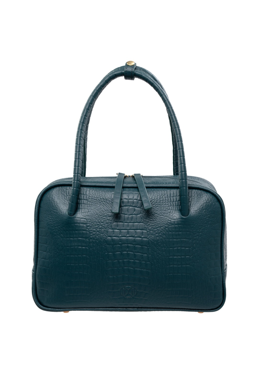 Du'Mo Poise Small Bag in sea wave crocodile-embossed leather. Front view of the top-handle bag with two rounded handles. Independent Ukrainian designer at MIXMVSE London.