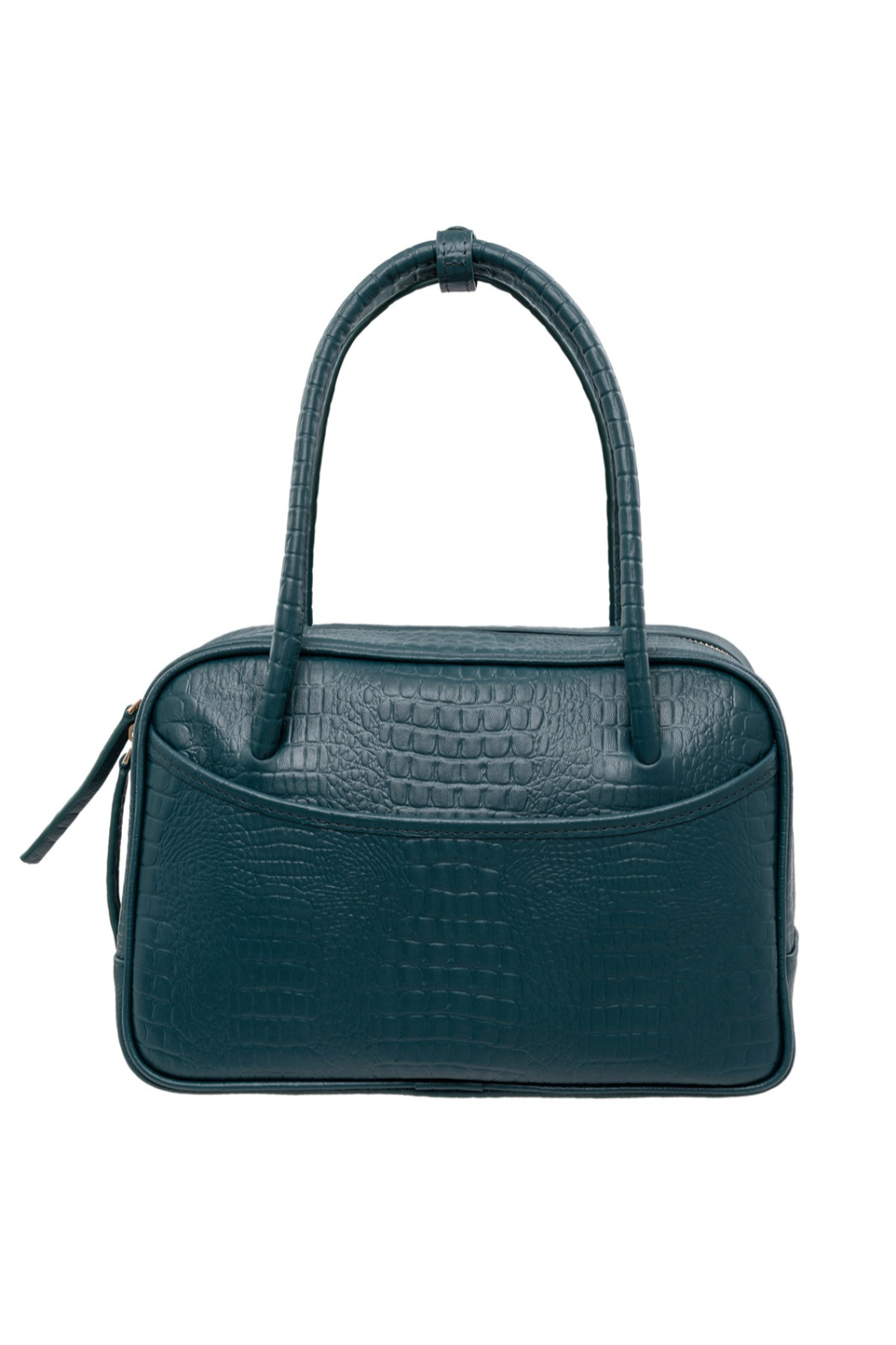 Du'Mo Poise Small Bag in sea wave blue-green croc-effect leather. Front view showing the two-way zip pulls. Made in Ukraine, at MIXMVSE London.