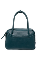Du'Mo Poise Small Bag in sea wave blue-green croc-effect leather. Front view showing the two-way zip pulls. Made in Ukraine, at MIXMVSE London.