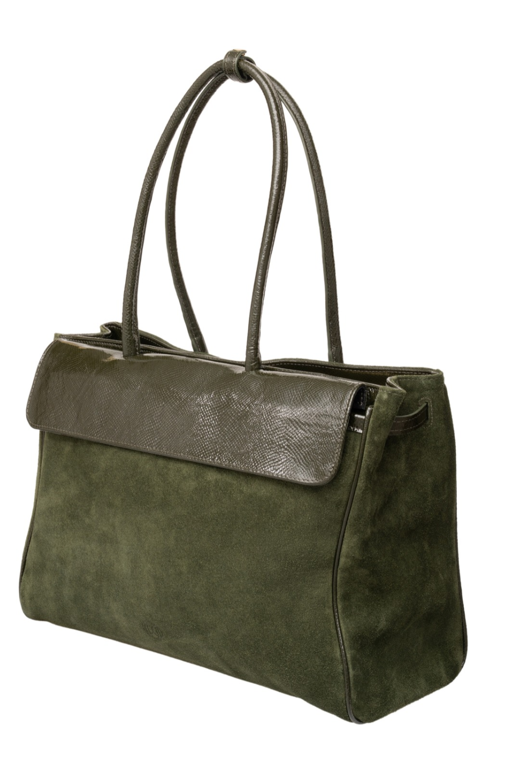 Du'Mo Portfolio Bag in olive green suede. Three-quarter view showing the roomy gusset of the work bag. Made in Ukraine, at MIXMVSE London.