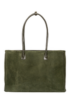 Du'Mo Portfolio Bag in olive green suede. Back view of the 15-inch laptop work bag with leather handles. Independent Ukrainian designer at MIXMVSE London.