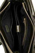 Du'Mo Portfolio Bag in olive green suede. Interior view showing lining, gold zips and internal pockets. Independent Ukrainian designer at MIXMVSE London.