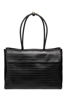 Du'Mo Portfolio Bag in black crocodile-embossed leather. Front view of the work bag with fold-over flap and shoulder handles. Independent Ukrainian designer at MIXMVSE London.