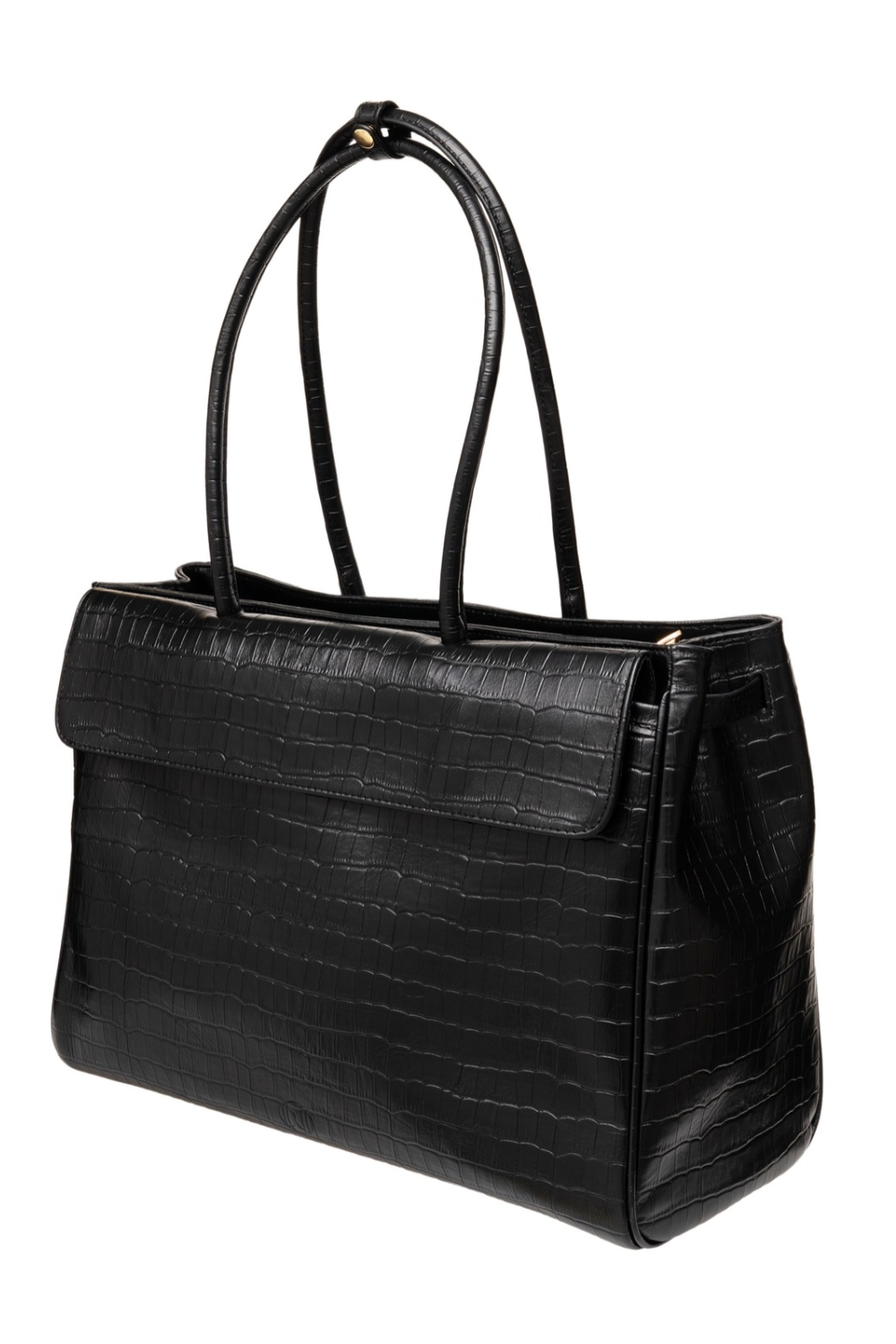 Du'Mo Portfolio Bag in black croc-effect leather. Three-quarter view showing the roomy gusset and gold hardware. Made in Ukraine, at MIXMVSE London.