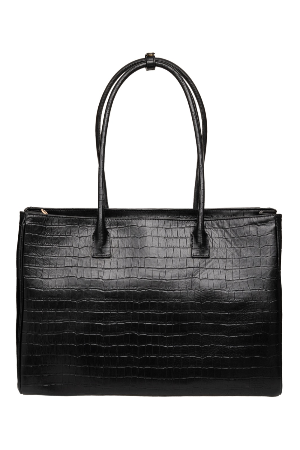 Du'Mo Portfolio Bag in black crocodile-embossed leather. Back view of the 15-inch laptop work bag. Independent Ukrainian designer at MIXMVSE London.