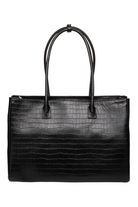 Du'Mo Portfolio Bag in black crocodile-embossed leather. Back view of the 15-inch laptop work bag. Independent Ukrainian designer at MIXMVSE London.