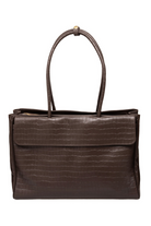 Du'Mo Portfolio Bag in brown crocodile-embossed leather. Front view of the work bag with fold-over flap and shoulder handles. Independent Ukrainian designer at MIXMVSE London.