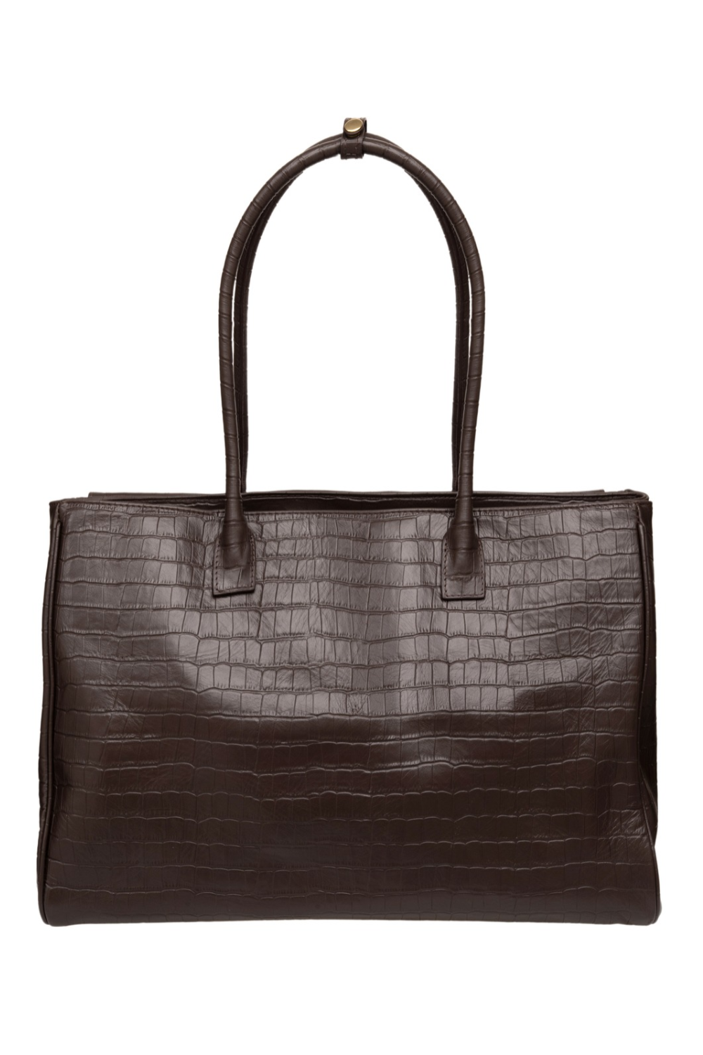 Du'Mo Portfolio Bag in brown crocodile-embossed leather. Back view of the 15-inch laptop work bag. Independent Ukrainian designer at MIXMVSE London.