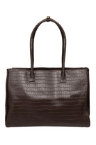 Du'Mo Portfolio Bag in brown crocodile-embossed leather. Back view of the 15-inch laptop work bag. Independent Ukrainian designer at MIXMVSE London.