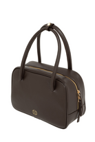 Du'Mo Poise Small Bag in brown leather. Three-quarter view showing the gold two-way zip. Made in Ukraine, at MIXMVSE London.