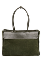 Du'Mo Portfolio Bag in olive green suede. Front view with smooth leather flap and shoulder handles. Independent Ukrainian designer at MIXMVSE London.