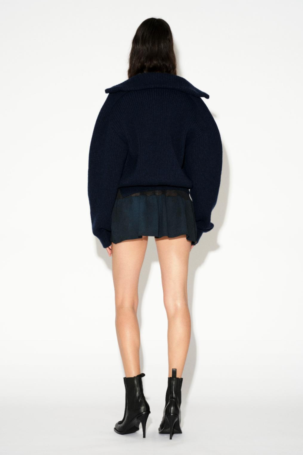 LAFORMELA midnight blue sheer knit mini dress, styled look. Independent Czech designer from Prague at MIXMVSE London.