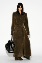 LAFORMELA vintage-effect velvet trench coat in olive green cotton with detachable belt. Independent Czech designer from Prague at MIXMVSE London.