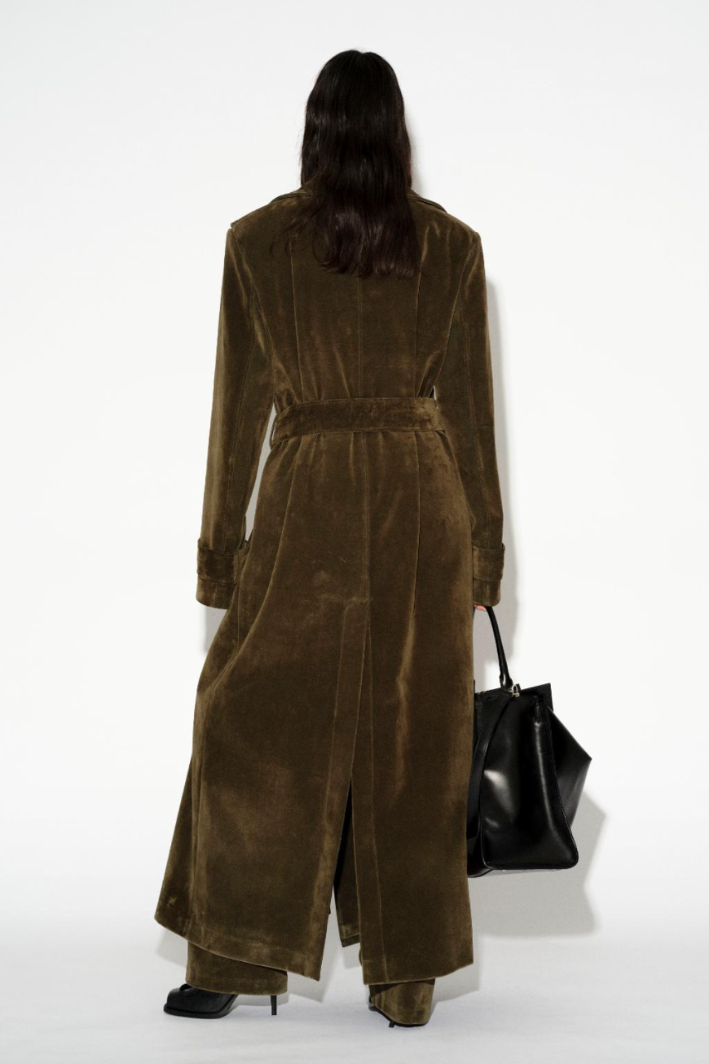 LAFORMELA olive green velvet trench coat, styled look. Independent Czech designer from Prague at MIXMVSE London.