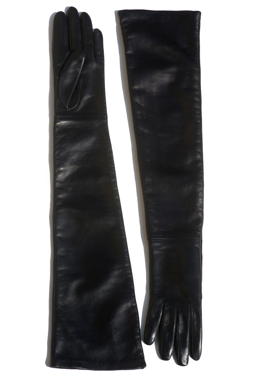 TO BE Accessories black opera-length leather gloves worn on model. Independent Ukrainian designer at MIXMVSE London.