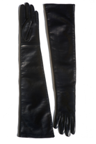 TO BE Accessories black opera-length leather gloves worn on model. Independent Ukrainian designer at MIXMVSE London.