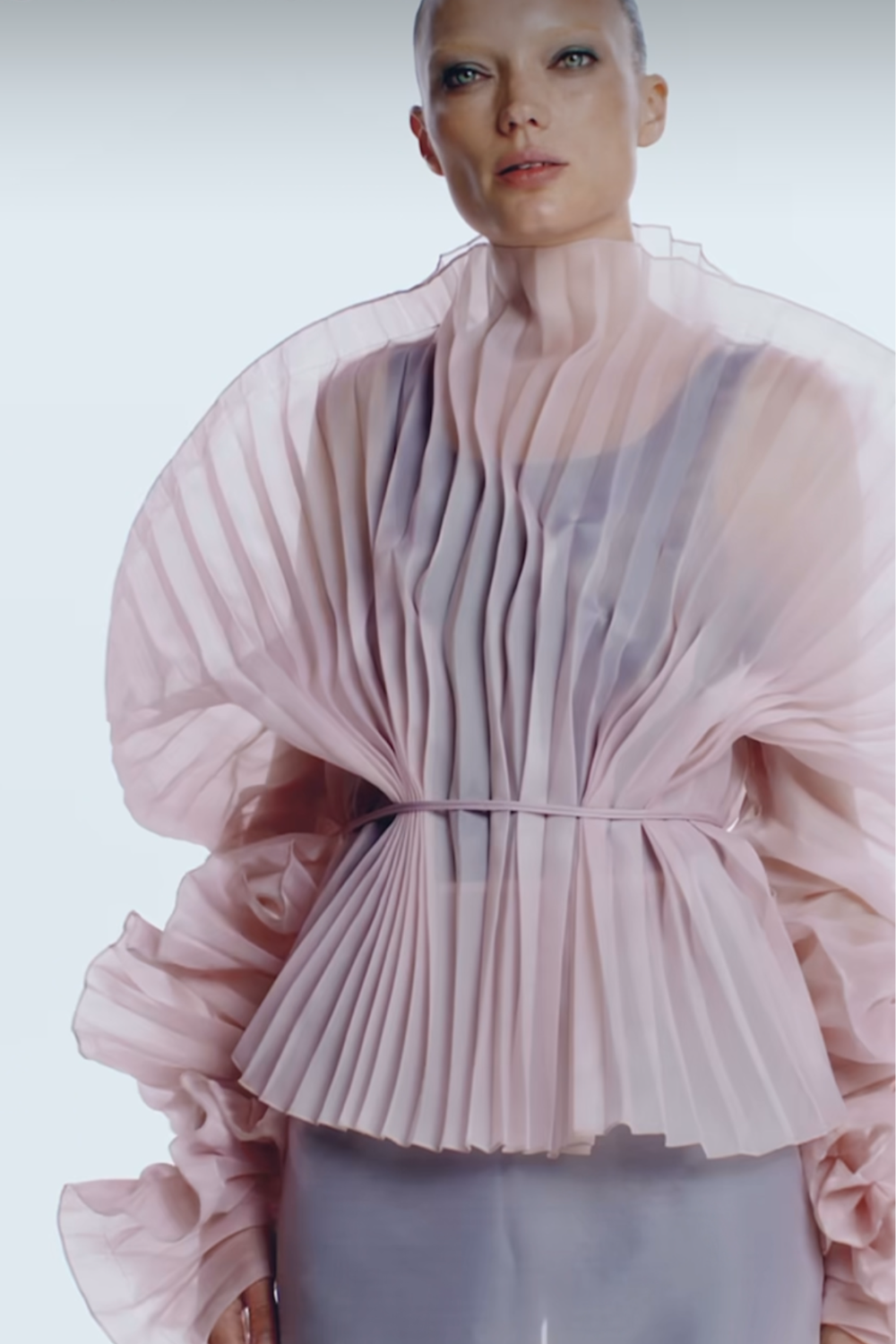 J'amemme Alisha pleated top in pink with an architectural silhouette and handmade pleats. Independent Ukrainian designer at MIXMVSE London.