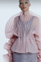 J'amemme Alisha pleated top in pink with an architectural silhouette and handmade pleats. Independent Ukrainian designer at MIXMVSE London.