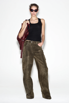 LAFORMELA vintage-effect velvet denim cargo trousers in olive green cotton. Independent Czech designer from Prague at MIXMVSE London.