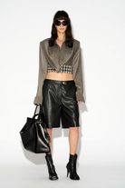 LAFORMELA cropped silk blouse in grey with structured padded shoulders. Independent Czech designer from Prague at MIXMVSE London.