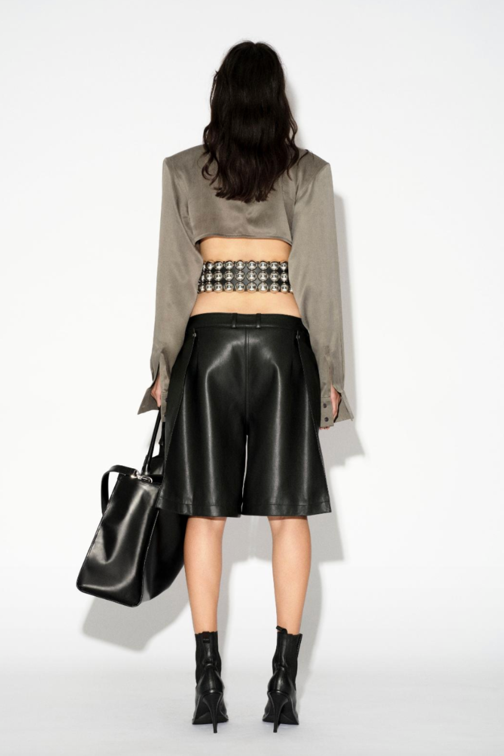 LAFORMELA grey silk blouse with buttoned long sleeves, styled look. Independent Czech designer from Prague at MIXMVSE London.