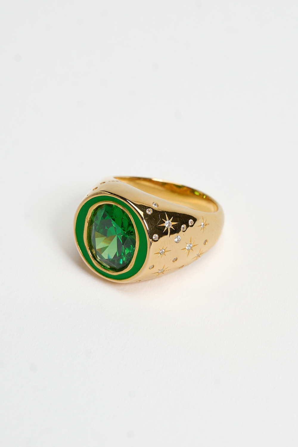 Chuk Raw Desire ring in gold and green, styled look. Ukrainian designer jewellery at MIXMVSE London.