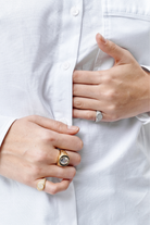Chuk Pinky Ring Set styled with a Raw Desire ring in gold and black. Ukrainian designer jewellery at MIXMVSE London.