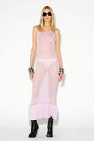 LAFORMELA sheer knit dress in lila, figure-skimming silhouette. Independent Czech designer from Prague at MIXMVSE London.