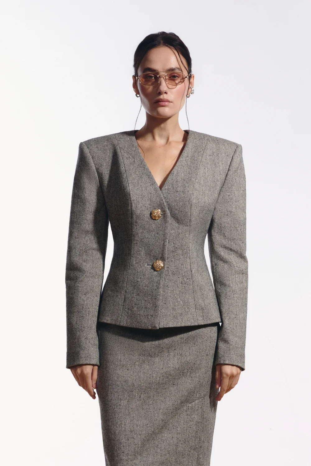 Ambitna grey tweed jacket, side view. Independent Ukrainian designer at MIXMVSE London.