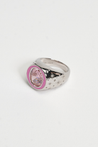 Chuk Raw Desire ring in rhodium-plated sterling silver with enamel and a pink cubic zirconia. Ukrainian designer jewellery at MIXMVSE London.