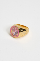 Chuk Raw Desire ring in 18K gold-plated sterling silver with enamel and a pink cubic zirconia. Ukrainian designer jewellery at MIXMVSE London.