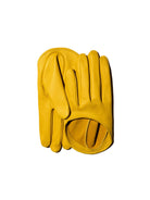 TO BE Accessories yellow Lunar leather gloves worn on model. Independent Ukrainian designer at MIXMVSE London.