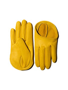 TO BE Accessories saffron yellow Lunar gloves with open wrist, styled look. Independent Ukrainian designer at MIXMVSE London.