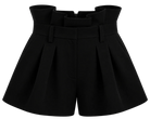 Ambitna black wool and silk mini shorts, detail of the side slit pockets. Independent Ukrainian designer at MIXMVSE London.
