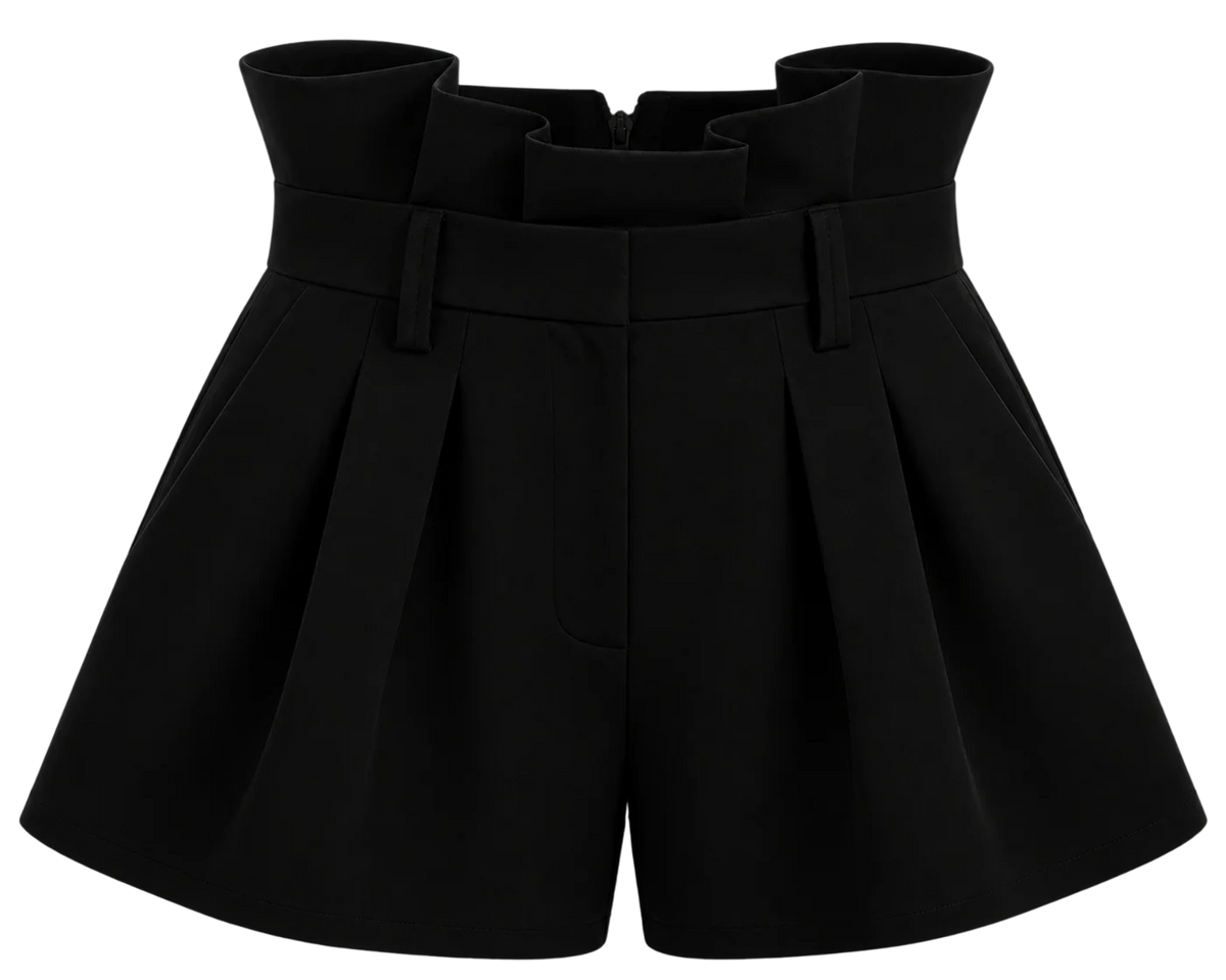 Ambitna black wool and silk mini shorts, detail of the side slit pockets. Independent Ukrainian designer at MIXMVSE London.